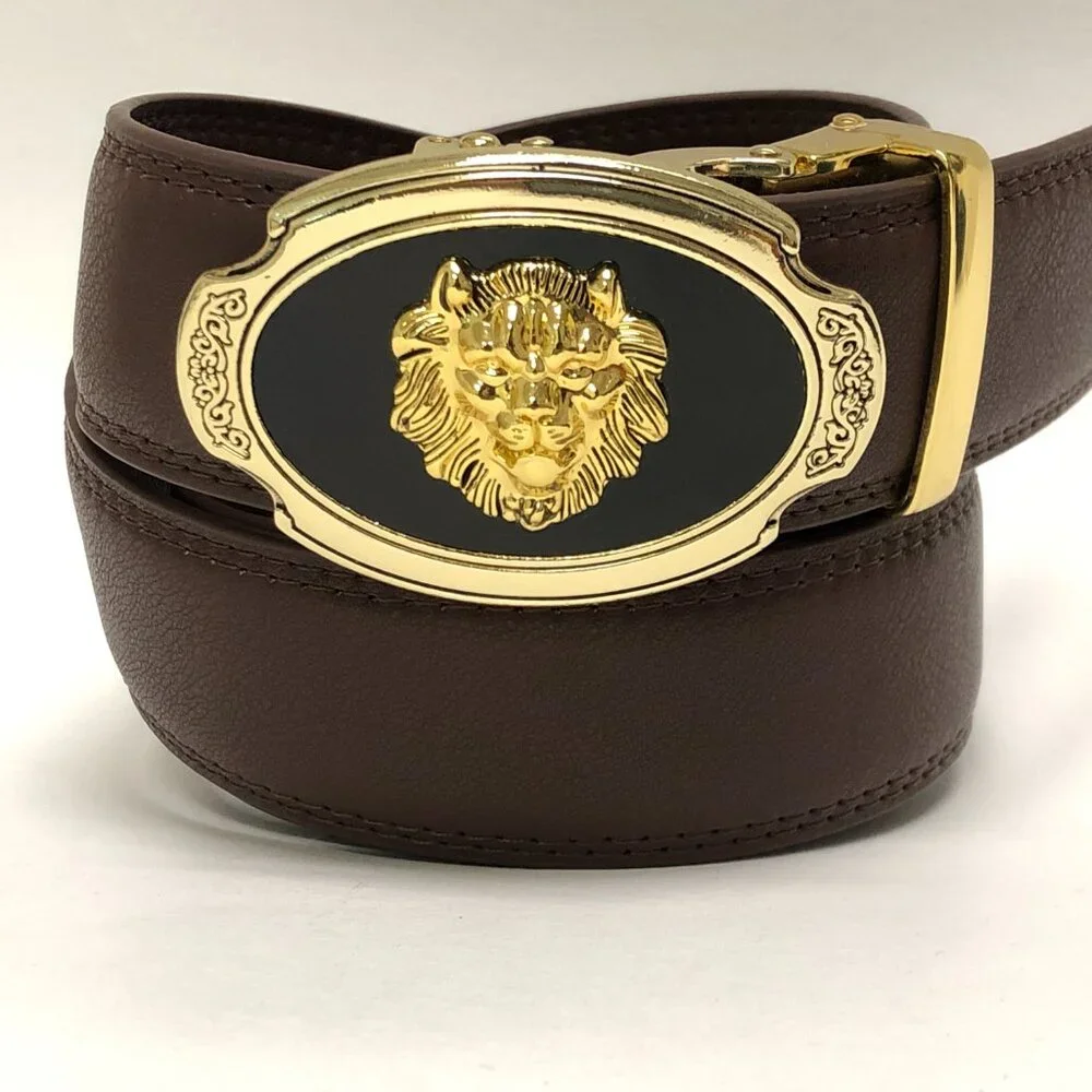 Dark Coffee Belt Automatic Buckle Slide‎ Belts No Hole Strep Ratchet Buckle Gold